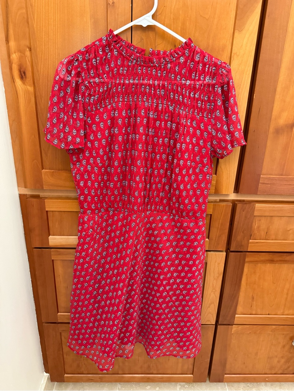 LOFT Red Short-Sleeve Smocked Neck Dress with Micro Print